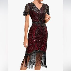 Flapper Gatsby Black and Red Beaded Fringe Dress sz M